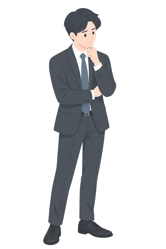 顎に手を添えて考える経営者（生成イラスト）