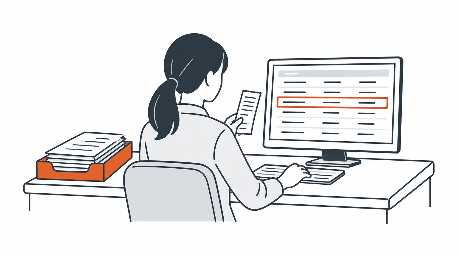 経理担当者が領収書を手に、モニターの仕訳一覧の1行を確認している場面