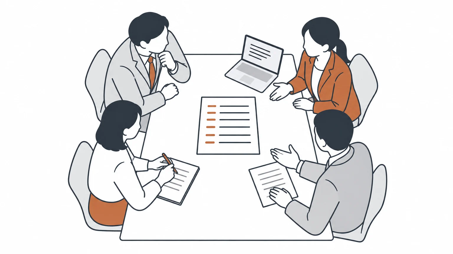 会議テーブルを囲み、一覧表をもとに4人が協議している場面